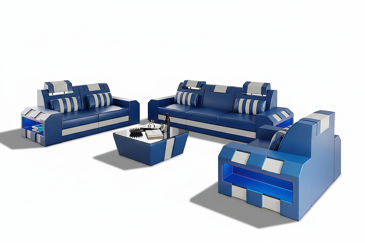 Cosmo LED Leather Sofa Set - Modern 3-Piece Living Room Set with Mood Lighting