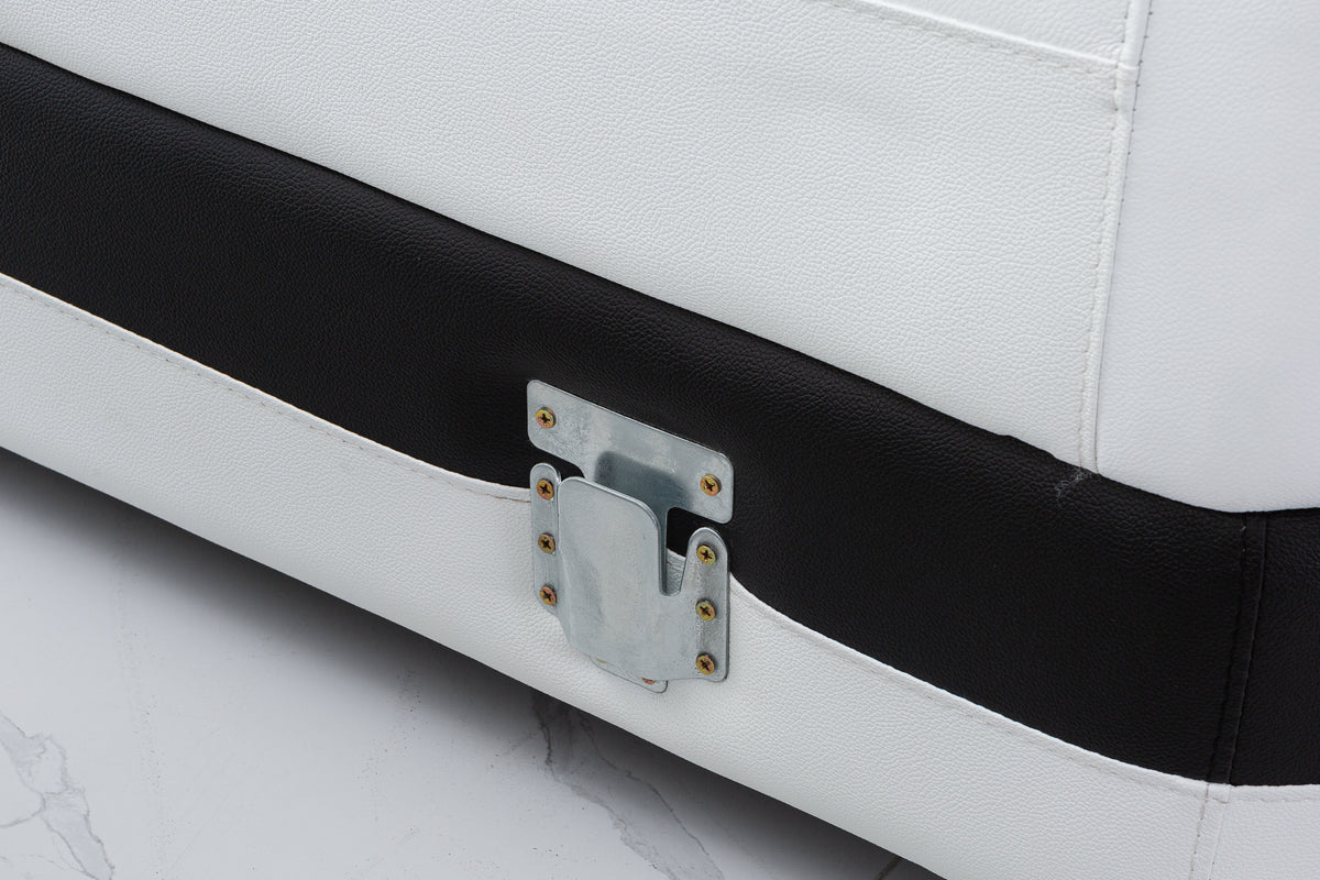 Close-up of metal sectional connection brackets on black-and-white Omont upholstery