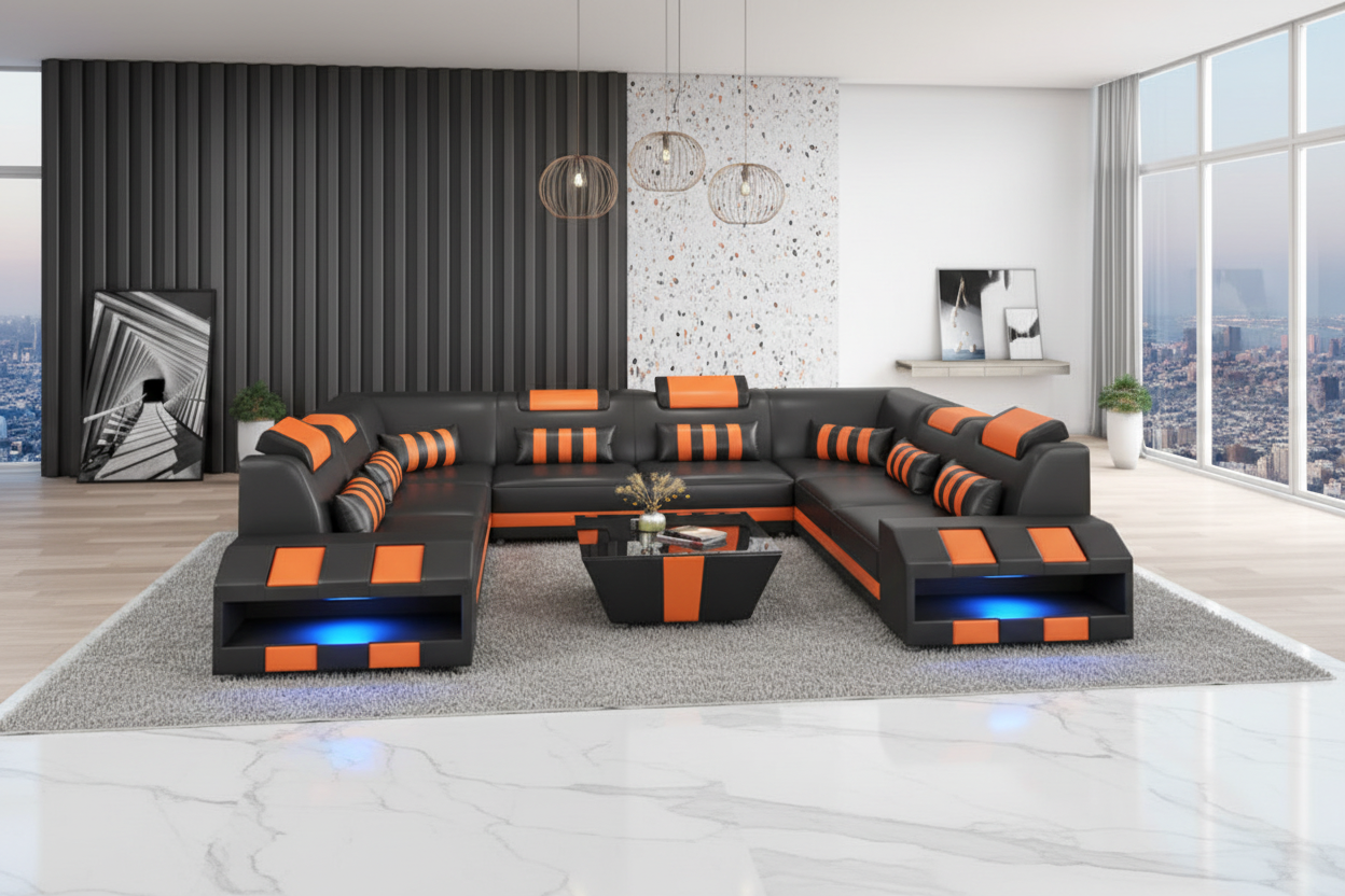 Cosmo XL U shape Modern Leather Sectional with Led Light - Luxury Penthouse