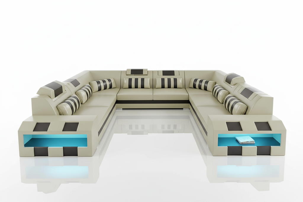 Cosmo XL U shape Modern Leather Sectional with Led Light - Reflection