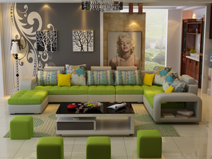 Selena Green & Light Grey Modular Tufted Sectional