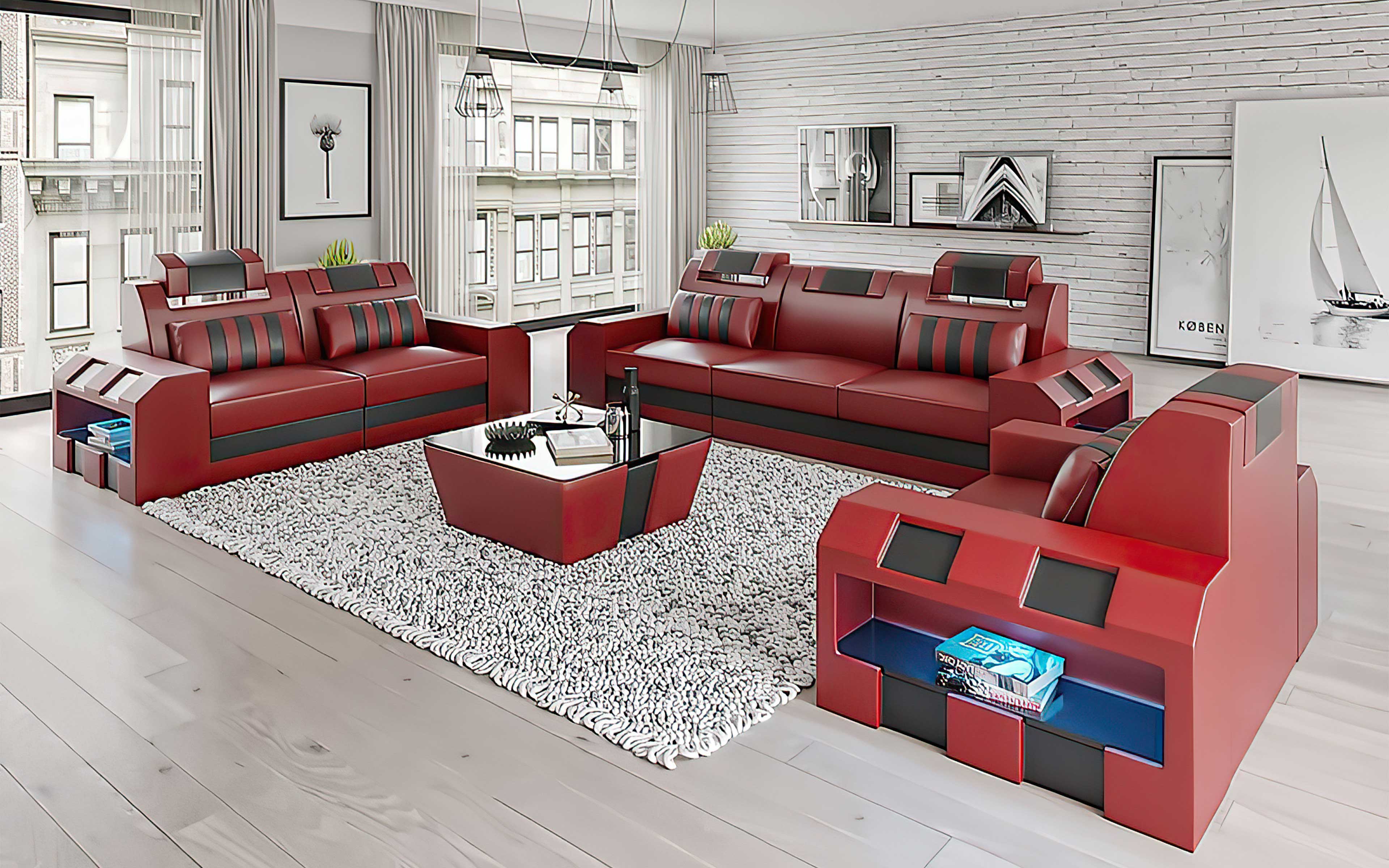 Cosmo LED Leather Sofa Set - Modern 3-Piece Living Room Set with Mood Lighting