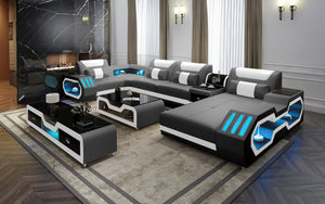 Black and Tan Omont Modern Italian Leather Sectional with Console